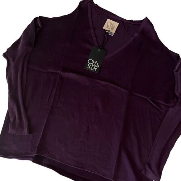 Chaser Plum Silk Cold Shoulder Long Sleeve V Neck Top Size M NWT - Picture 2 of 12